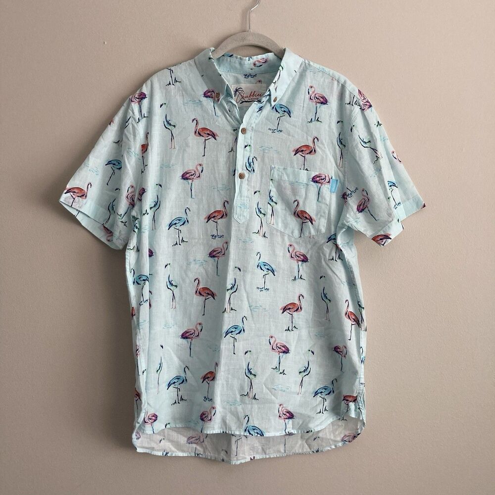 Chubbies Mens Size Large Blue Flamingos Shirt 100% Cotton 1/4 Button Party